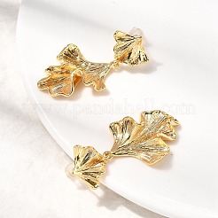 イチョウの葉の真鍮製ダングルスタッドピアス  長持ちメッキ  ニッケルフリー  18KGP本金メッキ  35x19.5mm&nbsp;EJEW-B148-04G