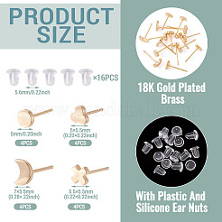 女性用真鍮スタッドピアス16個、4スタイル  16個のプラスチックとシリコンのイヤーナット付き  混合図形  18KGP本金メッキ  5~7x5~5.5mm  イヤーナット：5.6mm  4個/スタイル&nbsp;EJEW-TA0001-68