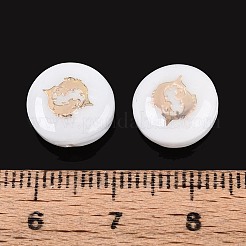天然淡水シェルビーズ  金メッキ真鍮エッチング金属装飾付き  十二星座とフラットラウンド  貝殻色  魚座  11~12x4~6mm  穴：0.5~0.9mm&nbsp;SHEL-N037-02C-G
