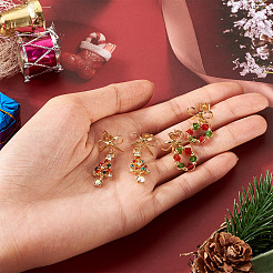 2ペア2スタイルの蝶結び、リースとクリスマスツリーの合金ガラスダングルスタッドピアス  ラインストーン付き  真鍮製スタッドピアス  ゴールドカラー  ミックスカラー  20~33x14.5~15mm&nbsp;EJEW-TA00699
