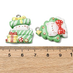 クリスマスの不透明な樹脂ペンダント  プラチナ鉄ループ付き  猫  ミックスカラー  20~27x19~23x6~9mm  穴：2mm&nbsp;RESI-I348-01B