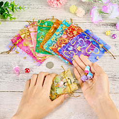 ハートプリントオーガンジーバッグ 11色55個  結婚披露宴のクリスマスのお菓子袋のためのジュエリーギフトメッシュポーチ  結婚式の好意バッグ  好意バッグ  ギフトバッグ  長方形  ミックスカラー  12x10cm  5個/カラー&nbsp;OP-TA0001-13B