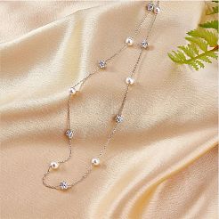スターリングシルバーシェルパールチョーカーネックレス925個  Y字型の長さ調節可能なネックレス、女性へのジュエリーギフト  プラチナ  17-3/4インチ（45cm）&nbsp;JN1094A-1