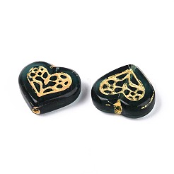 ガラスビーズ  ハート  ゴールドライン入り  濃い緑  15.5x17x6mm  穴：1.2mm&nbsp;LAMP-N035-03H