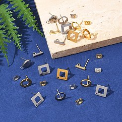 16個 8スタイル 304ステンレススチールスタッドピアス金具  カン付き  304ステンレススチール製イヤーナット16個  混合図形  ゴールデン·ステンレス鋼色  10~14x2~14x2~14mm  穴：1~1.8mm  ピン：0.7~0.8mm&nbsp;STAS-FS0001-84