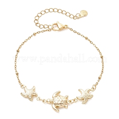 304ステンレススチールリンクブレスレット  女性用アズキチェーンブレスレット  カメとヒトデ  ゴールドカラー  7.40インチ（18.8cm）&nbsp;BJEW-JB13689