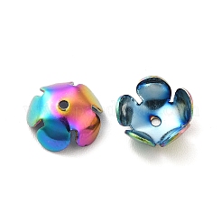 イオンプレーティング（IP）304ステンレススチールビーズキャップ  花  5花びら  虹色  8x8x3mm  穴：1mm&nbsp;STAS-E145-06MC