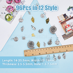 96pcs12スタイルチベットスタイルペンダント  アンティークシルバー  カドミウムフリー＆ニッケルフリー＆鉛フリー  シェル  ミックスカラー  14~25.5x10~19x2~5.5mm  穴：2~7.5mm  8個/スタイル&nbsp;FIND-DC0004-08