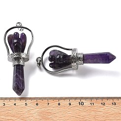 天然アメジスト先のとがった大きなペンダント  真鍮製の金具が付いたファセット加工の弾丸と天使のチャーム  ラックめっき  プラチナ  71~77x27~28x19~20mm  穴：6.5x4.5mm&nbsp;KK-H491-01P-04