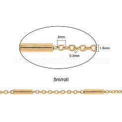 304ステンレススチールアズキチェーン  チューブビーズで  ゴールドカラー  2x1.5x0.3mm  5 m /ロール&nbsp;CHS-CJC0001-05G