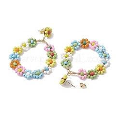 編み込み花ガラスシードビーズダングルイヤリング  女性用304ステンレススチールスタッドピアス  カラフル  66x48mm&nbsp;EJEW-JE05816