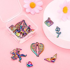 12個6スタイルアロイペンダント  カドミウムフリー＆ニッケルフリー＆鉛フリー  ハート型の翼とハートと花とひし形の愛とキューピッド  虹色  13~30x9.5~26x2~5mm  穴：1.5~2.5mm  2個/スタイル&nbsp;FIND-LS0001-36MC