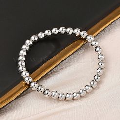男性女性のための真鍮ラウンド ビーズ ストレッチ ブレスレット  ラックめっき  長持ちメッキ  鉛フリー＆カドミウムフリー  プラチナ  1/4インチ（0.6cm）  内径：2-1/8インチ（5.4cm）&nbsp;BJEW-B148-05D-P