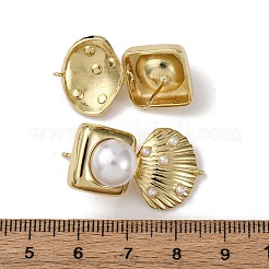 真鍮のスクエアと貝殻型のダングルスタッドピアス  アブソリュートプラスチック模造パール  長持ちメッキ  ラックめっき  鉛フリー＆カドミウムフリー  18KGP本金メッキ  29.5x17mm&nbsp;EJEW-H165-01B-G