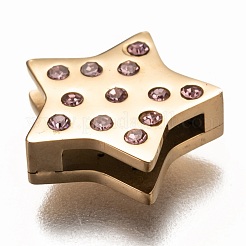 304ステンレススチールスライドチャーム  ラインストーン付き  スター  クリスタル  ゴールドカラー  12x12x3.5mm  穴：8x1.5mm&nbsp;STAS-P270-26G-03