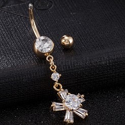 ピアス  真鍮製キュービックジルコニアへそピアス  ベリーリング  サージカルステンレスバー付  カドミウムフリー＆鉛フリー  18KGP本金メッキ  花  透明  49x14mm  バー: 15 ゲージ (1.5mm)  バーの長さ: 3/8