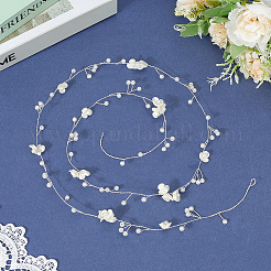 ポリエステルと樹脂で作られた手作りの模造真珠の花のヘッドバンド、花嫁のためのヘアつる  フローラルホワイト  銀  1080x20mm&nbsp;OHAR-WH20010-07S