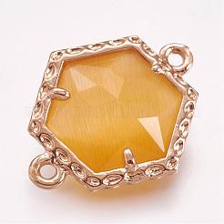 ファセットキャットアイリンクコネクター  真鍮のパーツと  ライトゴールド  六角  ゴールド  18x14.5x5mm  穴：1mm&nbsp;GLAA-G041-C06