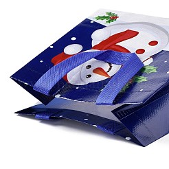 クリスマステーマラミネート不織布防水バッグ  ヘビーデューティストレージ再利用可能なショッピングバッグ  ハンドル付き長方形  ダークブルー  雪だるま模様  21.5x11x21.2cm&nbsp;ABAG-B005-01A-02