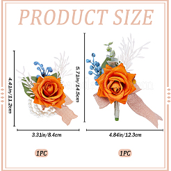 2個 2スタイル シルク布 & プラスチック製模造花コサージュ ブートニア & リストコサージュ  結婚式のための  パーティーの装飾  ダークオレンジ  47x123x145mm  1個/スタイル&nbsp;JEWB-CP0001-27B