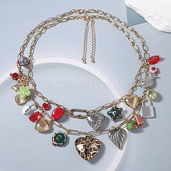 亜鉛合金、磁器、ガラス、CCBプラスチックフラワーハートロックペンダントダブルレイヤービブネックレス  カラフル  ゴールドカラー  18.50~21.26インチ（47~54cm）  2個/セット&nbsp;FS-WGC767F-01