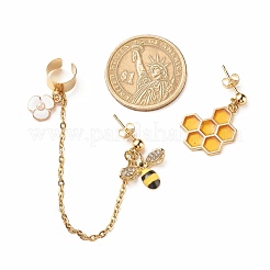 蜂とハニカム合金の非対称イヤリング、エナメル  304ステンレススチールスタッドピアス、ダングルチェーン付きイヤーカフクローラークライマー、女性用  ゴールドカラー  29~110mm  ピン：0.7mm  2個/セット&nbsp;EJEW-JE04887