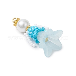 ガラスシードビーズの花の置物ペンダント  ガラスパールとアクリル  ディープスカイブルー  33x18x17.5mm  穴：2.5mm&nbsp;PALLOY-MZ00686-04