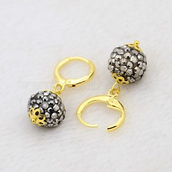 ダングリング丸いボール樹脂のラインストーンのピアス  金メッキ真鍮レバーバックフープピアスセッティング  ヘマタイト  30mm  ピン：1mm&nbsp;LS-EJEW-J080-29G