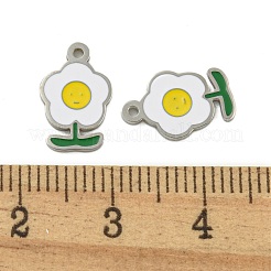 304ステンレススチールチャーム  エナメル  笑顔のチャーム付きフラワー  ステンレス鋼色  ホワイト  13x8x1mm  穴：1mm&nbsp;STAS-L022-435P-03