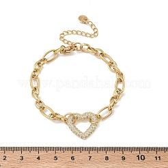 304ステンレススチールラインストーンリンクブレスレット  女性用フィガロチェーンブレスレット  ハート  7.17インチ（18.2cm）&nbsp;BJEW-P396-01D-G