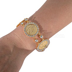 女性用合金ラインストーンリンクチェーンブレスレット  バラ付きのフラットラウンド  18KGP本金メッキ  7-1/2インチ（19cm）&nbsp;FS-WGAAA7D-02