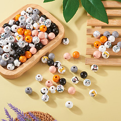 160スタイルプリントの猫と犬のウッドビーズ11個。  ラウンド  ミックスカラー  16x15~16mm  穴：3.5~4mm&nbsp;WOOD-TA0001-74
