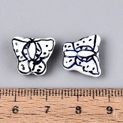 手作りの陶器ビーズ  手描き  ファミーユスタイルバラ  蝶  プルシアンブルー  12x14x5.5mm  穴：2mm&nbsp;PORC-Q005-09