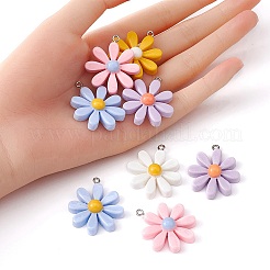10本5色レジンペンダント  プラチナトーン鉄パーツ  花のチャーム  ミックスカラー  33~34x28~30x8~9mm  穴：2mm  2個/カラー&nbsp;CRES-YW0001-11
