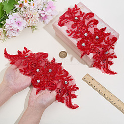 花の刺繍、花のアップリケを縫い付ける  ラインストーンとガラスシードビーズ付き  ウェディングドレスの縫製工芸品の装飾  チョンサム  レッド  130x340x6mm&nbsp;PATC-WH0014-72