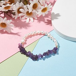 女性用ナチュラルアメジスト＆パールストレッチブレスレット  内径：1-7/8インチ（4.9cm）&nbsp;BJEW-JB07654-01