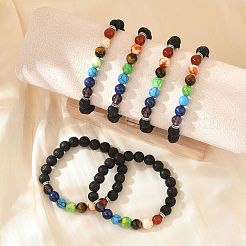 ヨガのチャクラジュエリー  天然溶岩ロックストレッチブレスレット  宝石と合金のビーズ  ラウンド  2-1/8インチ（55mm）&nbsp;BJEW-K142-A