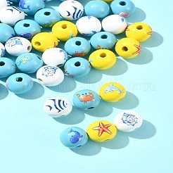 45個 9スタイル 天然木ヨーロピアンビーズ  オーシャンシリーズ 16mmプリント ロータスビーズ  大穴ビーズ  ミックスカラー  16x15mm  穴：4mm  5個/スタイル&nbsp;WOOD-FS0001-27