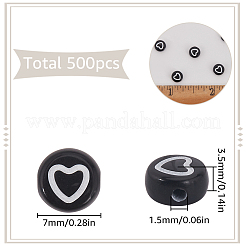 500個7スタイルクラフトスタイルアクリルビーズ  ハート付きフラットラウンド  ブラック  ブラック  7x3.5mm  穴：1.5mm&nbsp;OACR-SC0001-52