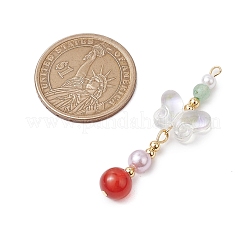 天然カーネリアンとガラスのペンダント  蝶  金色の真鍮トーンループ付き  ミックスカラー  47x14.5x8mm  穴：1.6mm&nbsp;PALLOY-JF03192