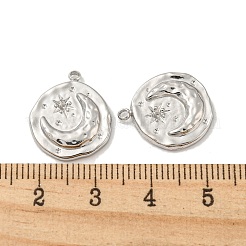 変色しない304ステンレススチールペンダント  フラットラウンド、月と星のチャーム付き  ステンレス鋼色  18x15x3mm  穴：1.4mm&nbsp;STAS-L022-189P
