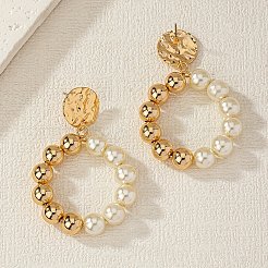 合金プラスチックパールラウンドビーズリングダングルスタッドピアス  ゴールドカラー  55x37mm&nbsp;FS-WG641A5-01