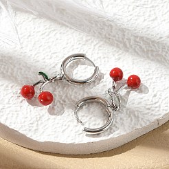 チェリー真鍮エナメルフープピアス  ラックめっき  長持ちメッキ  鉛フリー＆カドミウムフリー  プラチナ  29.5x11.5mm&nbsp;EJEW-M077-14P-02