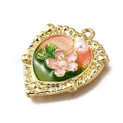 合金エナメルチャーム  ABSの模造パールと  花とハート  ラックめっき  長持ちメッキ  鉛フリー＆カドミウムフリー＆ニッケルフリー  ゴールドカラー  ライトサーモン  28x22.5x5.5mm  穴：1.6mm&nbsp;ENAM-K076-12B-02