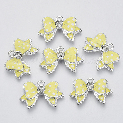 合金エナメルチャーム  ラインストーン付き  蝶結び  銀色のメッキ  きいろ  16x25x5mm  穴：1.5mm&nbsp;ENAM-Q434-01A