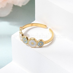 花柄の304ステンレススチール製エナメルカフオープンリング（女性用）  ゴールドカラー  アクア  6mm  usサイズ7 1/4(17.5mm)&nbsp;RJEW-T033-01B