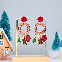 クリスマスの真鍮エナメルダングルスタッドピアス  アクリルと模造真珠を使用  スター付きクリスマスツリー  ゴールドカラー  73mm&nbsp;FS-WG0512A-01