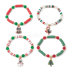 クリスマステーマのハンドメイドポリマークレイビーズストレッチブレスレットセット（女性用）4個  猫の形をした合金のエナメルチャームブレスレット  ミックスカラー  内径：2-1/8~2-1/4インチ（5.5~5.7cm）&nbsp;BJEW-JB12113