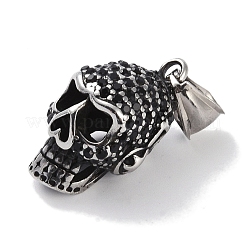 316サージカルステンレスペンダント  ラインストーン付き  スカルチャーム  アンティークシルバー  ジェット  27x15x16mm  穴：8.5x3.5mm&nbsp;STAS-E212-23AS-02