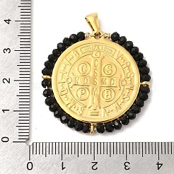 イオンプレーティング（IP）304ステンレスペンダント  ガラスビーズ  18KGP本金メッキ  フラットラウンド  ブラック  34x34.5x3mm  穴：3.5x3mm&nbsp;STAS-P368-03G-05